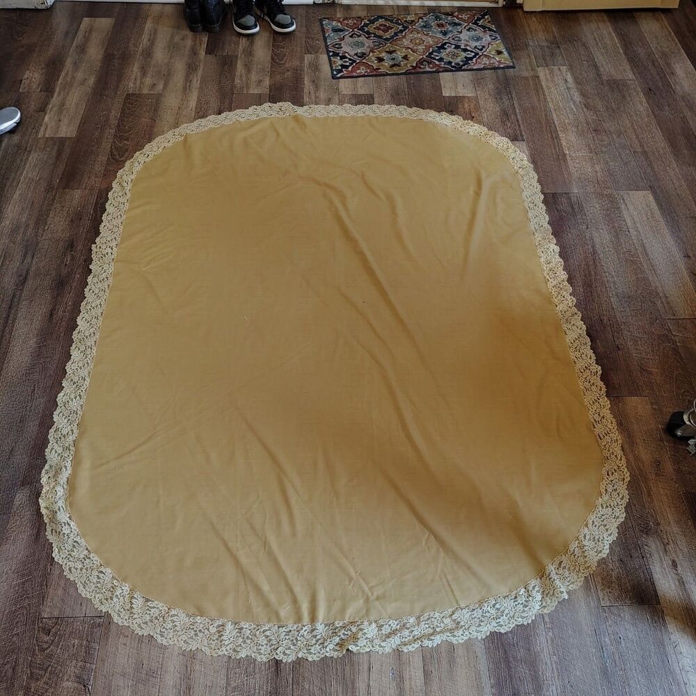 Mid Century Mustard Color Table Cloth Lace Trim 85x65 VTG
